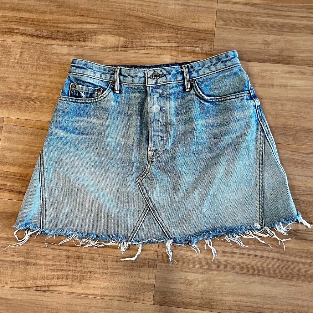 GRLFRND Eva A-Frame Gusset Mini Denim Skirt in Walk This Way